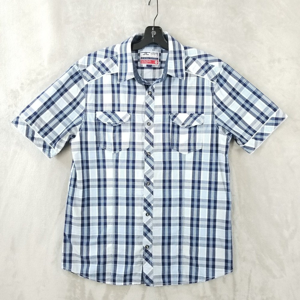 Jordan‎ Craig Shirt Men Large Blue Plaid Modern Cowboy 100% Cotton Short Sleeve